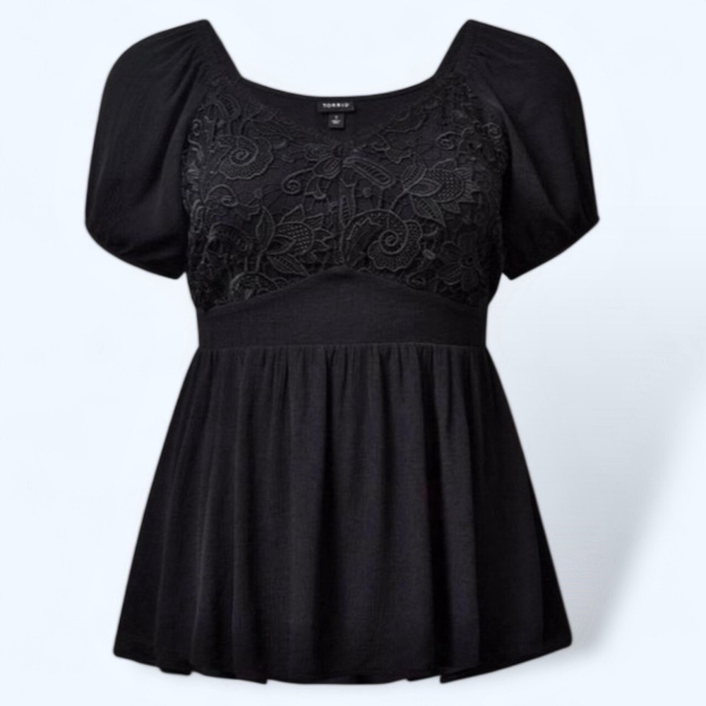 TORRID Crinkle Gauze With‎ Lace Puff Short Sleeve Blouse NWT  Size 1X